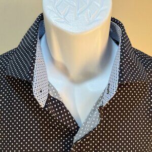 BUGATCHI Men's black, white & blue dots Stretch performance shirt Shaped Fit XL